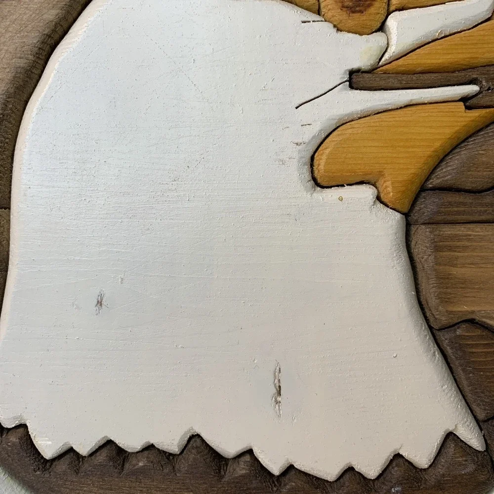 American Bald Eagle Wood Inlay Wall Decor MCM Art Piece Round‎  Handmade Stained